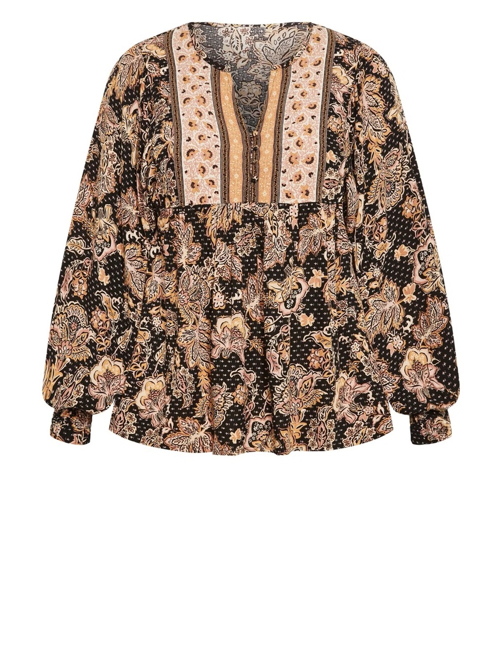 Boho Paisley Patchwork Peasant Tunic - Black & Tan